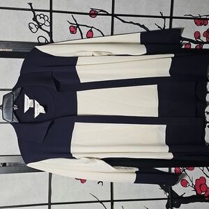 Misook 2 Piece Elegant Navy and White Sleeveless Top and Cardigan Set Small